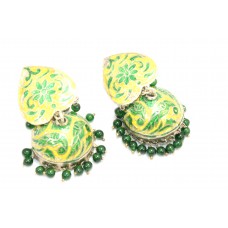 Handmade Dangle Old Earrings 925 Sterling Silver Enamel Meena Green Beads - 10